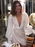 Hulianfu Sexy Sequins Women Party Mini Dress V-Neck Lantern Long Sleeve Female Night Club Evening Dresses Bodycon Short Dress Summer