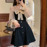 Hulianfu Vintage Elegant Mini Party Dress for Women Casual Lace Long Sleeve Dresses Bow Sexy One Piece Dress Korean Black Autumn New