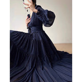 Hulianfu Ruffle Dress for Women New Fashion Fairycore Lantern Sleeve V Neck Vintage Dress Elegant Solid Pullover Y2k Dress