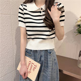 Hulianfu Summer Vintage Striped Polo Collar T Shirts Women's Knitted Short Sleeve Thin Cropped Tshirt Crop Top For Slim Girls
