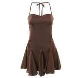 Hulianfu Spring Summer New Sexy Slim Fashion Women Halter Neck Tie Backless Pleated Short Strap Mini Dress Female