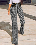 hulianfu Women Buttoned High Waist Wide Leg Tailored Pants Spring Casual Ladies Plaid Long Pencil Pants Elegant Trousers Overalls