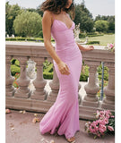 hulianfu Sexy V Neck Sling Backless Maxi Mermaid Dress Elegant Pink Spaghetti Strap Bodycon Long Dress Mermaid Gown Celebrity Party Dress