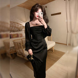 Hulianfu Autumn Solid Elegant Fairy Dresses Women Casual Party Fashion Korean One Piece Dress Female Lace Vintage Chic Midi Dresses