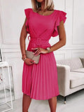 hulianfu Office Lady Midi Pleated Dresses  Summer Elegant Women's O-Neck Butterfly Sleeve Sashes A-line Dresses For Women Robe Femme