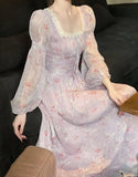 Hulianfu Floral Dress for Women New Fashion Spring Fairycore Square Collar Puff Sleeve Midi Dress Elegant Lace-up Y2k Dress