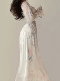 Hulianfu Floral Dress for Women 2023 Fashion French Style Elegant Long Sleeve Midi Dress Chic Casual Square Collar Chiffon Dress