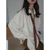 hulianfu Vintage Women Blouse Oversized Harajuku Chic Basic Korean Style with Tie Long Sleeve Shirt Loose Aesthetic Retro Female