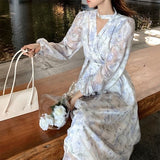 Hulianfu Summer Basic Long Dress Long Sleeve V-Neck Floral Printed Retro Vintage A-Line Women Dresses Chic Korea Fashion Vestidos