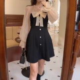 Hulianfu Vintage Elegant Mini Party Dress for Women Casual Lace Long Sleeve Dresses Bow Sexy One Piece Dress Korean Black Autumn New