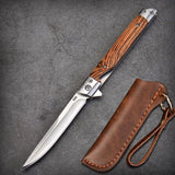 HULIANFU M390 Steel Folding Knife with Holster Wooden Handle Damascus Pattern High Hardness Outdoor Hunting Knife  Camping Survival Tools