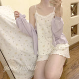hulianfu Sweet Floral Pattern Pajama Sets Women Summer Lace Trim Homewear Cute Sleepwear Kawaii Pajamas Top and Shorts