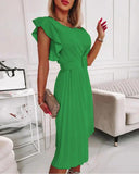 hulianfu Office Lady Midi Pleated Dresses  Summer Elegant Women's O-Neck Butterfly Sleeve Sashes A-line Dresses For Women Robe Femme