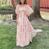 hulianfu hulianfu Vacation Floral Print Long Dress Women Short Sleeve Boho Fairy 3 Layers Mesh Pink Fit Flare Party Vestidos Runway Clothes F281
