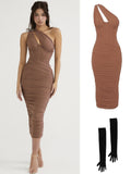 Hulianfu Summer Midi Mesh Dress Bodycon One Shoulder Eveining Night Party Dresse Cut Out Draped Women Birthday Dress Elegant Stretch