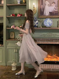 French Elegant Fairy Midi Dress Office Lady One Piece Dress Korean Fashion Summer Pure Color Sweet Even Party Dress Woman