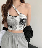 Hulianfu irregular spaghetti strap tank top woman newspaper letter print wirefree bra camis for women camisole new trend