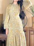 Hulianfu Floral Print Lace Midi Dresses for Women Clothing Elegant Long Sleeve Folds Party Prom Female Beach Bodycon Dress Summer 2023