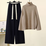 Hulianfu Autumn Winter Warm Knitted Suit Women Long Sleeve Half Turtleneck Knitting Sweater And Wide Leg Pants Sets Outer Wear Loose Set