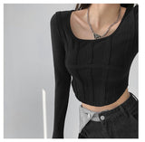 Hulianfu Y2k T-shirt Girls Crop Tops Spring Women Long Sleeve O Neck Cotton Shirts Bustier Harajuku Pullover Streetwear