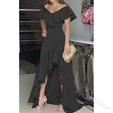 hulianfu European American Elegant Party Dresses Sexy V-neck Irregular Solid Color Maxi Dress Hem Ruffle Women Short Sleeve Floor-Length
