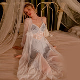 hulianfu Satin Sexy Victorian Night Dress Women Lace Sleepwear Long Robe Bow Pajamas Sets Perspective Camisole Lingerie Nightgown