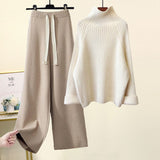 Hulianfu Autumn Winter Warm Knitted Suit Women Long Sleeve Half Turtleneck Knitting Sweater And Wide Leg Pants Sets Outer Wear Loose Set