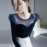 Hulianfu New Women Patched Mesh Crew Collar Elegant T Shirts Lady Ruffles Long Sleeve Velour Tops Tees T-Shirt For Women