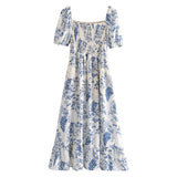 Hulianfu New Summer Women Vintage Fruit Floral Print Square Neck Puff Sleeves Elastic Sexy Side Slit Long  Midi Dress