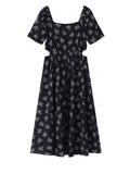 Hulianfu Vintage Black Square Collar Bandage Puff Sleeve Print Chiffon Midi Maxi Dresses for Women Party Dress Korea Clothing Summer
