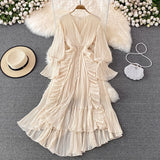 hulianfu Holiday Style Ankle Length Long Dresses Women  Spring New V Neck Puff Sleeve Lace Elegant Evening Party Summer Dress