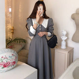 Hulianfu Vintage Lace Plaid Chic Puff Sleeve Woman Dresses Women Korean Temperament Office Lady Lapel Robe Slim Waist Long Sleeve Dress