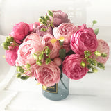 HULIANFU 2023 30cm Rose Pink Silk Peony Artificial Flowers Bouquet 5 Big Head and 4 Bud Cheap Fake Flowers for Home Wedding Decoration indoor