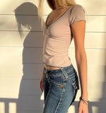 hulianfu hulianfu  Women's Summer Slim Solid Simple T-shirt  Lace Side Splicing U-neck Crop Tops Tees Female Casual Navel Short-sleeved T-shirts