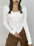 Hulianfu Women Y2k Long Sleeve Basic Slim Crop Top Irregular Texture Skinny Tee Ribbed Stretchy Shirts Bodycon Blouse