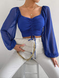 Hulianfu Fashion Sexy Low-cut Long Sleeve Crop Tops Women 2023 Summer Autumn Slim Solid Top Femme And Blouses Chiffon Shirt