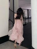 Hulianfu Harajuku French Korean Sweet V-Neck Camisole Sleeveless Sexy Strap Midi Maxi Dresses for Women Elegant Fairy Party Summer Pink