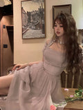 French Elegant Fairy Midi Dress Office Lady One Piece Dress Korean Fashion Summer Pure Color Sweet Even Party Dress Woman