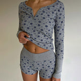 hulianfu  Spring Summer Women High Waist Shorts Suit Fashion Stretchy Chic Pullover Long-sleeved Floral Print Tops Pant 2 Piece Sets