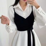 hulianfu Korean Chic Wrap-around Vest Sling Outdoor + Irregular Puff Sleeve Dress Women's Summer Two-piece Set Midi Dress