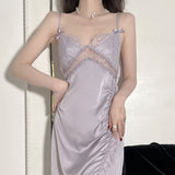 hulianfu Sexy Lace Strap Nightgown Women Long Nightdress Silky Satin Gown Home Dress Summer Nighty Robe Sleepshirt Backless Sleepwear