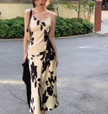Hulianfu Vintage Elegant Print Spaghetti Strap Midi Dress for Women Party Fashion One Piece Bodycon Prom Robe Vestidos Summer Korean