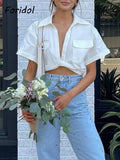 hulianfu Pockets Turn Down Collar Shirt Crop Top Cotton Linen White High Fashion Blusa Mujer Loose Casual Summer Spring Blouse