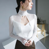 Hulianfu Solid Sexy Long Sleeve Mesh Tshirt Women Fashion Patchwork Black Top T Shirt Autumn Winter Ladies Hollow Out Tee Shirt