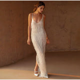 hulianfu Deep V Sling Split Tassel Long Dress Women Sleeveless Floor Length Slim Robes Summer Sexy Lady Backless Evening vestido