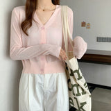 Hulianfu Summer V Neck Cardigan Women Casual Transparent Sweater Shirts Lady Simple Thin Solid Outwear Female Crop Top