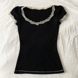 hulianfu hulianfu Fairycore Cute Girl Cropped Tops Vintage White Lace Trim T Shirt Summer Short Sleeve Black Milkmaid Tees Korean Y2K Chic Women