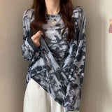 Hulianfu Tie Dye Long Sleeve T-shirts Women Breathable Summer O-neck Design Mesh Sun-proof Loose Tshirts Korean Style All-match Tops Chic