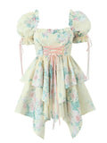 Hulianfu Women Summer Fashion Sweet Floral Print Mini Dress Vintage Square Collar Chic Wood Ear Princess Dresses