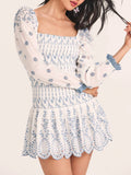 Hulianfu Spring Summer Vintage New Fashion Women Embroidered Elastic Square Neck Puff Long Sleeve Short Mini Dress